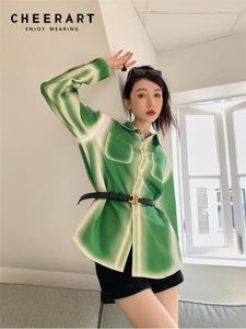 Blouses Femmes CHEERART Dégradé Vert Designer Chemise Boutonnée Pour Femmes Automne Haute Mode À Manches Longues Haut Col Chemisier Surdimensionné