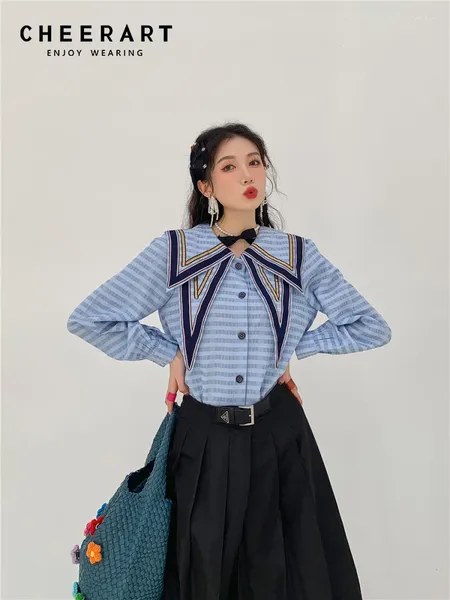 Blouses Femmes CHEERART Vintage Sailor Collar Chemise à rayures bleues pour femmes Designer Haut à manches longues et chemisier boutonné Automne 2024