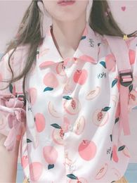 Chemisiers Femme Chemise Femme Rose Fraise Cardigan Chemises À Manches Courtes Harajuku Tunique Bluz Teenage Mignon Kawaii Top Blous Filles Camisa