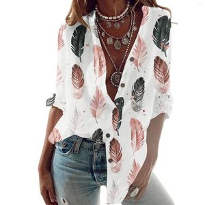 Blusas de mujer Chemise Femme Vintage Flor Estampado de plumas Manga larga Mujer Tops Casual Camisa con botones de gran tamaño Blusas De Mujer Túnicas