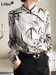 Blouses pour femmes Cheongsam manches longues impression mode femme bouton 2024 été style chinois haut vintage élégant mince bureau dame chemise