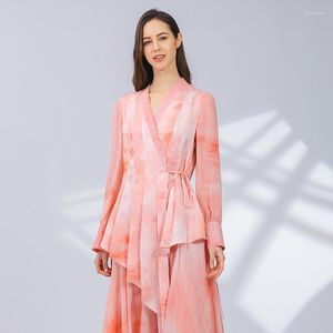 Women's Blouses Cherry Pink Jacquard Silk Stitching Georgette Long-Sleeveved Woman Tops Wrap-Style V-Neck Hollow Chinese stijl Shirt By189