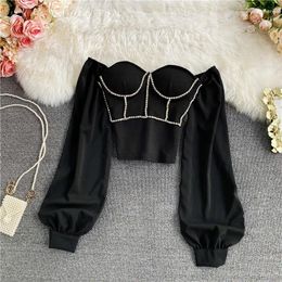 Blouses pour femmes Blouse chic avec soutien-gorge intégré diamant épaule dénudée Blusa Feminina manches lanternes hauts pour femmes et mode coréenne Dropship