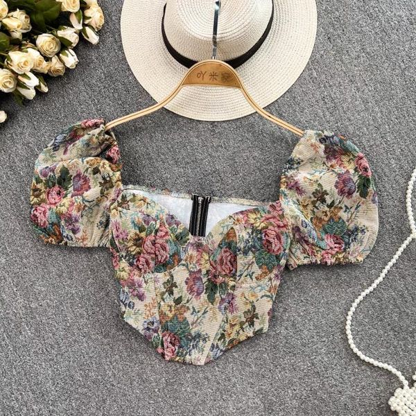 Blusas de Mujer, Blusa elegante para Mujer, Top para Mujer, manga abombada, cuello cuadrado, cremalleras, Blusa con estampado Floral, Camisas cortas irregulares Vintage