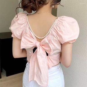 Blouzen voor dames chique boog blouse Koreaanse puff mouw slanke vierkante nek korte tops zoete vrouwen roze zomer shirts schattige streetwear punk boho