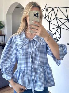 Blouses pour femmes Chic Doll Collar Lace Up Shirts for Women 2024 Spring été à manches longues Plaid Femme Elegant Ladies Street Tops