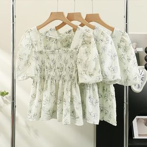 Blouses pour femmes Chic pour femmes mode 2023 Floral col carré femmes Blouse plis Peplum Blusa Feminina Style coréen goutte