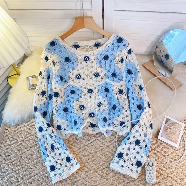 Blouses Femmes Chic Creux Crochet À Manches Longues Chemisier Vintage Mode Coréenne Crop Tops Sexy Élégant Printemps Automne Pull Femmes Vêtements