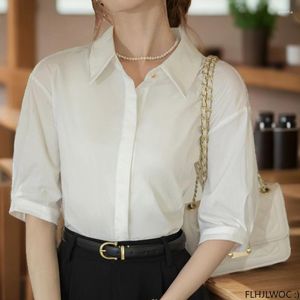 Blouses des femmes Chic Korea Tops Blusas Fashion Women Office Lady Work Elegant Solid Retro Single Butted Bouton Formal Blue White Shirts