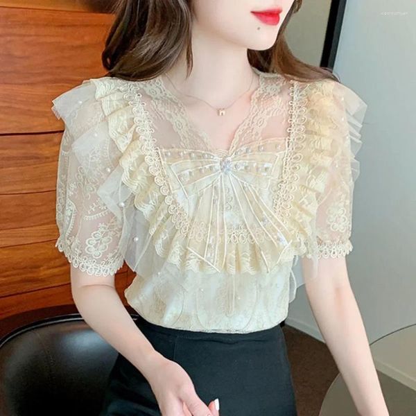 Blouses pour femmes Chic Lace Elegant 2024 Summer Summer Ruffle Fairy Korean Murffon Shirt Short Sheeve with Rossed Bow Top Casual LJ203