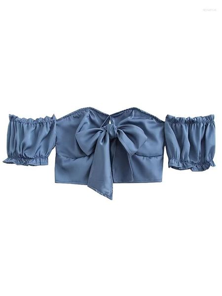 Blouses pour femmes Chic dame été sans bretelles à manches courtes bleu hauts filles élégant Slash cou 2023 Blouse femmes élastique dos décontracté arc