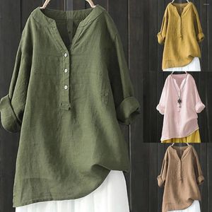 Blouses voor dames chique grote tops voor vrouwen zomer tuniek blouse stevige kleur opstaan ​​kraag knop katoen met lange mouwen shirt camisas