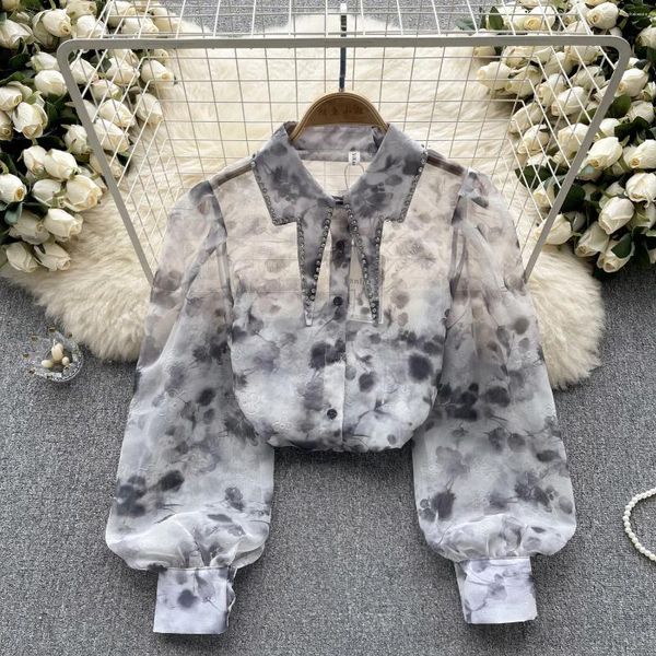 Blusas de mujer Chic manga larga Tie Dye Puff elegante moda francesa camisa Sexy primavera otoño mujeres camisas casuales de un solo pecho