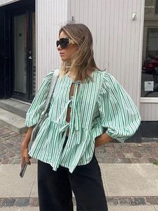 Damesblouses Chic O-hals Losse Bladerdeeg Strik Veters T-shirt met lange mouwen voor dames 2024 Lente Mode Vrouwelijke woon-werkverkeer Top Hoge streetwear