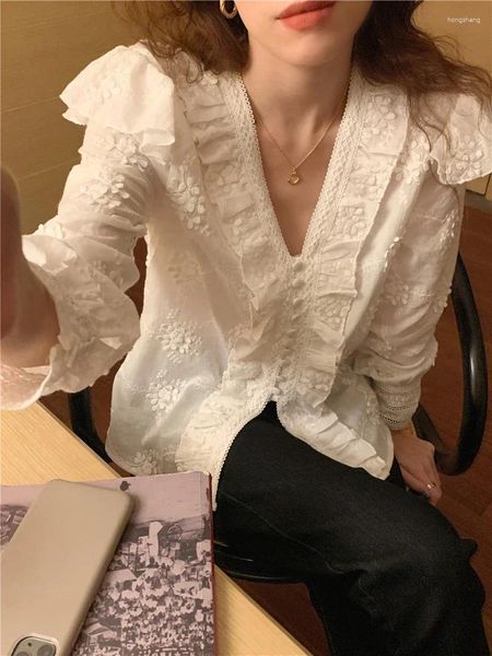 Blouses pour femmes chemises chics Patchwork broderie mode coréenne femmes printemps été col en v élégant dame Vintage hauts