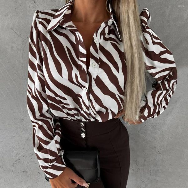 Blusas de mujer camisa elegante de primavera blusa de secado rápido cuello vuelto otoño Irregular estampado de cebra cárdigan vestir