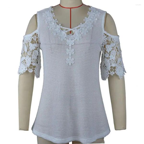 Blusas de mujer Blusa elegante de verano Encaje Color sólido Camiseta de mujer Apliques de flores