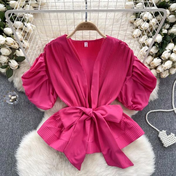 Blouses pour femmes chic Sweet Ruffle Pleted Puff Long Sleeve V Neck Blouse Blouse élégante Front Françoire Sexy Shirt Spring Automne Femme Top