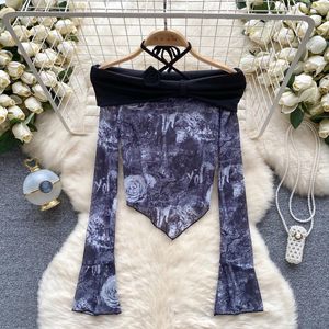 Blouses Chic Tie Dye Print Mesh Hollow Out Asymmetric T -shirt Vintage Top Sexy BodyCon Crop Slash Neck Tees Women Streetwear