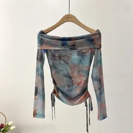 Blouses Chic Tie Dye Print Mesh Lace Up T Shirt Vintage Top Sexy Bodycon Crop Slash Neck Tees Women Streetwear