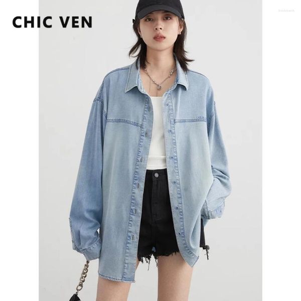 Blouses pour femmes Chic Ven Shirt Blue Long Long Single Single Breasted Brodery Denim Femme Matel Spring Automne 2024