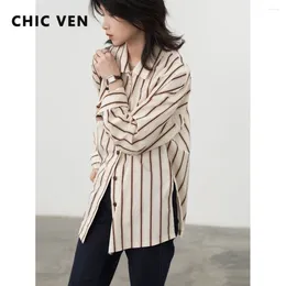 Blouses pour femmes Chic Ven Shirt Single Breasted Long Sleeve Vintage Loose Cotton Stripe femme Shirts Office Lady Mabe Spring Automne