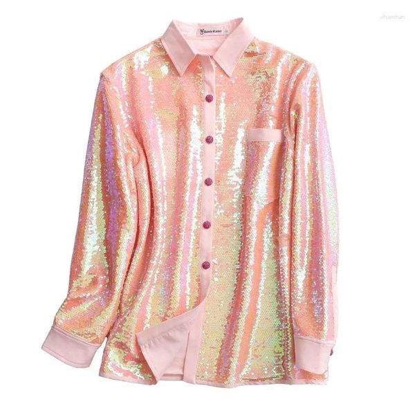 Blusas de mujer Mujeres elegantes Lentejuelas rosadas Camisas con cuentas láser ostentosas Cárdigan de manga larga Tops de rendimiento de baile con un solo pecho Blusas