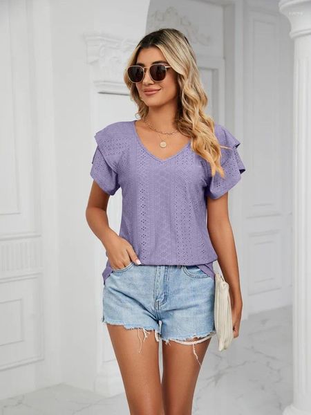 Blouses pour femmes Chic Femmes Shirt Pile Up Sleve V Couper Tops pour l'été 2024 Vêtements décontractés en vrac Couleur de mode Fashion Fashion Couleur solide