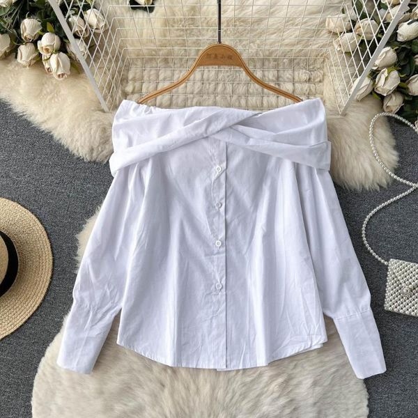 Blusas de mujer Chic mujer primavera otoño camisa blanca de moda fuera del hombro de un solo pecho de manga larga Casual blusa femenina todo combinado