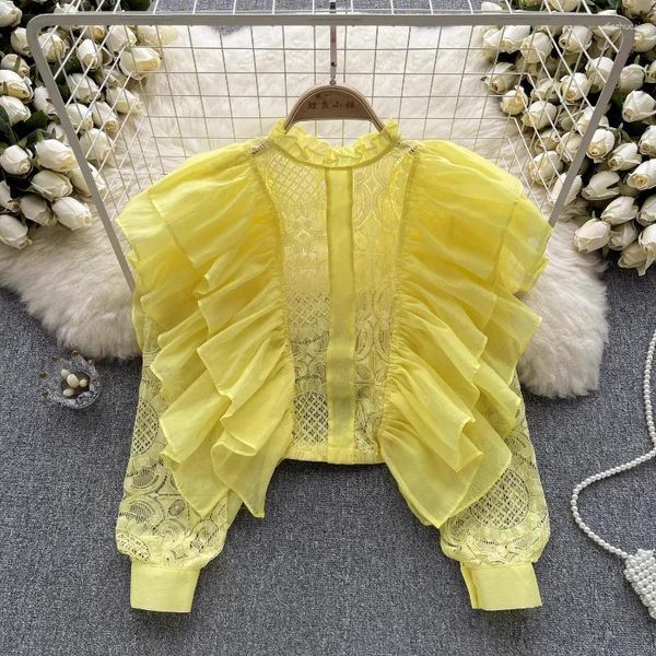 Blouses pour femmes Chic Fomens Ruffles Lace Patchwork Blouse for Women Lantern Sleeve Fashion Blusas Casual Summer Tout-Puissant Drop