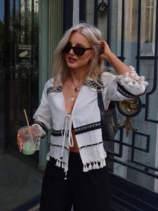 Blouses pour femmes Chicheca Tassel Casual Loose Abricot Blouse Top Summer Automne 3/4 Sleeve Eatt Up Holiday Blusa Mujer 2024 V Neck