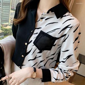 Women's Blouses Chiffon Black and White Long Sheeves Blouse 2022 Elegante gestreepte V-hals Tops Mujer Blusa vrouwelijke button down shirt voor vrouwen