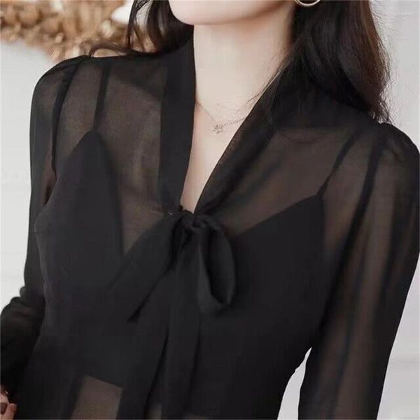 Blusas de mujer blusa de gasa sexy tops de playa mujeres 2024 camisas de verano para camisa negra transparente abotonado