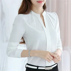 Damesblouses Chiffon Blouse Dames Koreaans Mode Overhemd Stand Kraag Wit Effen Bladerdeeg Mouw Tops OL Vrouwelijke Kleding