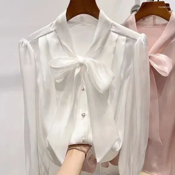 Blouses pour femmes Chemisier en mousseline de soie Femmes à manches longues Ruban élégant pour les chemises de mode coréenne et les vêtements d'automne 2024