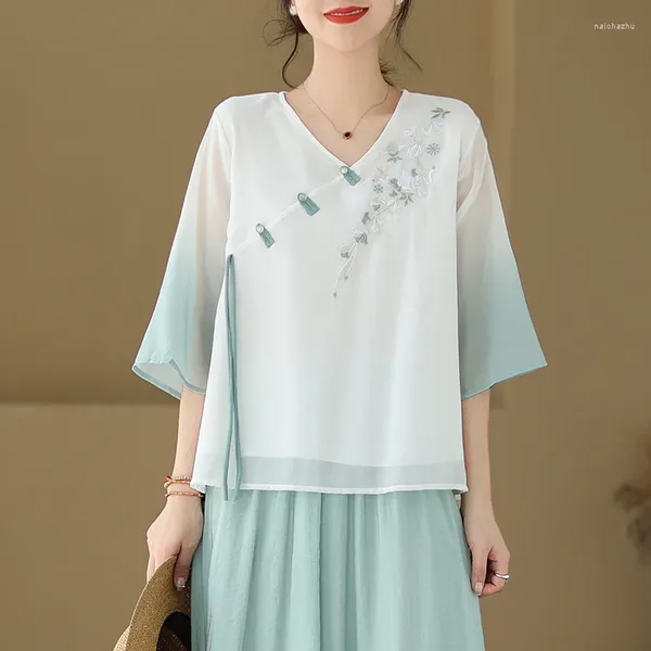 Blusas de mujer de gasa estilo chino camisa bordada ropa de moda suelta Primavera/Verano 2024 Tops con cuello en V YCMYUNYAN