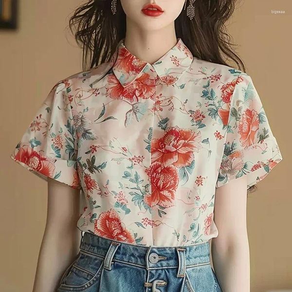 Bloses de mujer Chiffon Camisa de estilo chino estampados de verano Vintage