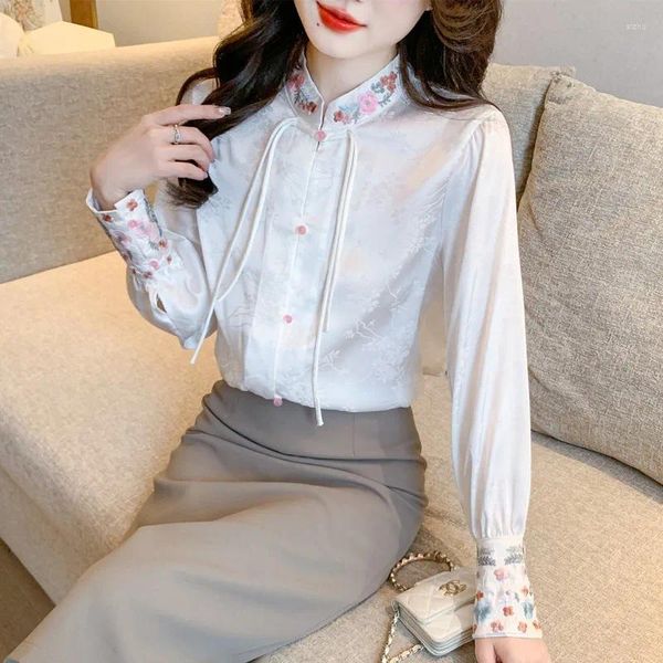 Blusas de mujer Camisa bordada de gasa Primavera/Verano Ropa de moda de estilo chino suelta Camiseta de manga larga para mujer YCMYUNYAN