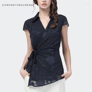 Blouses voor dames chiffon jacquard shirt dames zomer tops korte mouw met korte mouw gekruiste vinage vintage elegante slank kantoor dames