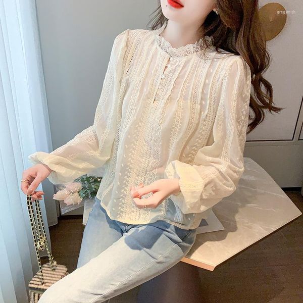 Blouses pour femmes en mousseline de soie volants femmes Blouse dentelle épissage chemise ample été à manches longues haut décontracté mode 2023 Style coréen