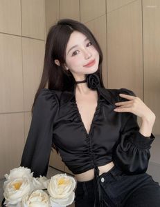 Dames Blouses Chiffon Overhemd Herfst Driedimensionale Bloem Franse V-hals Elegante Lange mouwen Koreaanse Stijl Mode Korte Top