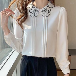 Blouses Chiffon -shirt voor dames geborduurde boog bubbel mouw dames witte lange tops en blouse mode elegante kleding solide 1570