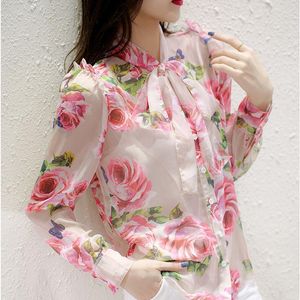 Blouses Chiffon -shirt voor dames voor vrouwen 2023 In bloemenprint Vintage mode Loose Slose Top Bow Franse stijl Zomer Spring