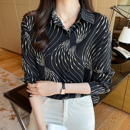 Women's Blouses Chiffon Shirt For Women Summer 2022 in strepen print lange mouw mode losse Koreaanse top tum-down kraag casual