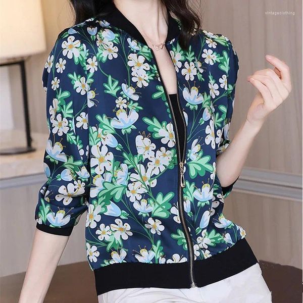 Chemisier en mousseline de soie pour femmes, veste à manches longues, printemps été et automne, grand motif, fermeture éclair, Cardigan court de Baseball