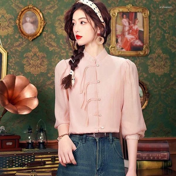 YCMYUNYAN – chemisiers en mousseline de soie pour femmes, chemises de Style chinois, vêtements Vintage, amples, couleur unie, manches longues, hauts pour femmes, printemps/été