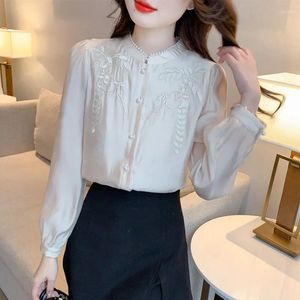 Damesblouses Chiffon Shirts Borduren Vintage O-hals Dameskleding Mode Lange mouwen Effen Damestops YCMYUNYAN