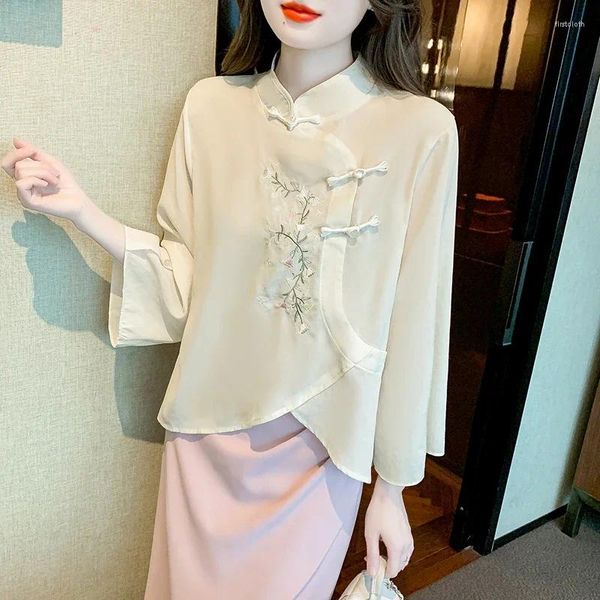 Blusas de mujer Camisas de gasa bordadas sueltas estilo chino ropa de mujer moda tres cuartos Primavera/Verano Tops YCMYUNYAN