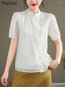 Blouses pour femmes en mousseline de soie chinois chinois tops femmes manches courtes fleur de mode broderie dames élégant femme chemise