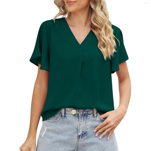 Blusas De Mujer Top De Gasa Para Mujer Camisa Suelta Con Cuello En V Manga Corta Acampanada Tops Casuales De Color Sólido Blusa Elegante Para Ocasiones Formales Camiseta